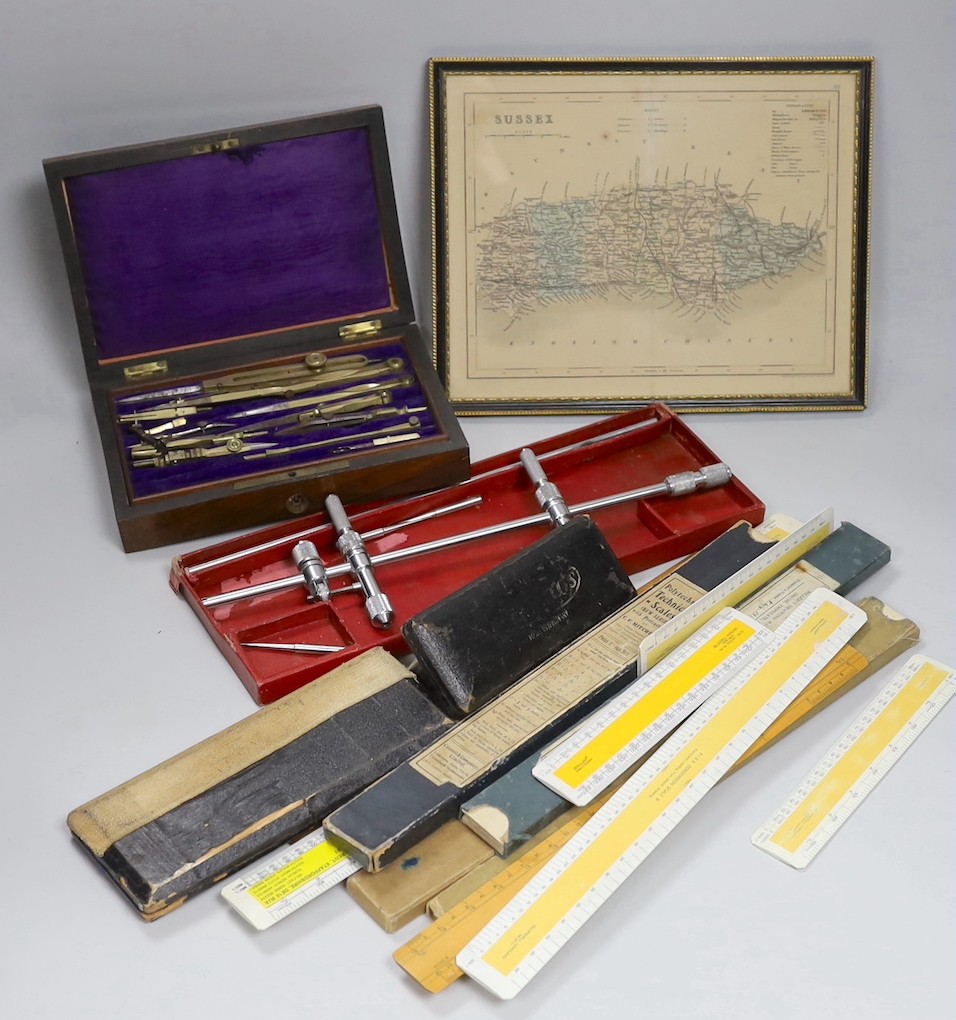 Draughtsman's sets of tools and a map of Sussex